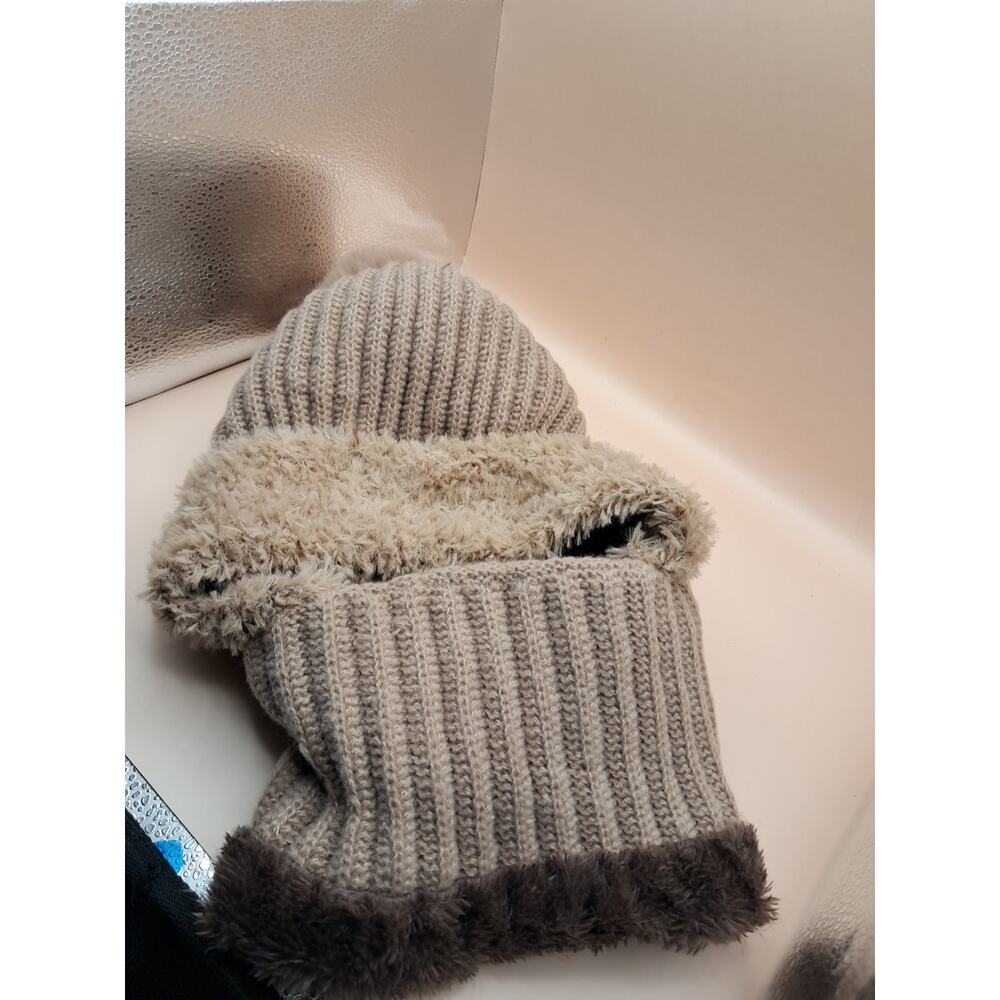 Women Winter Beanie Hats One Piece Fleece Lined Knit Balaclava Pompom tan